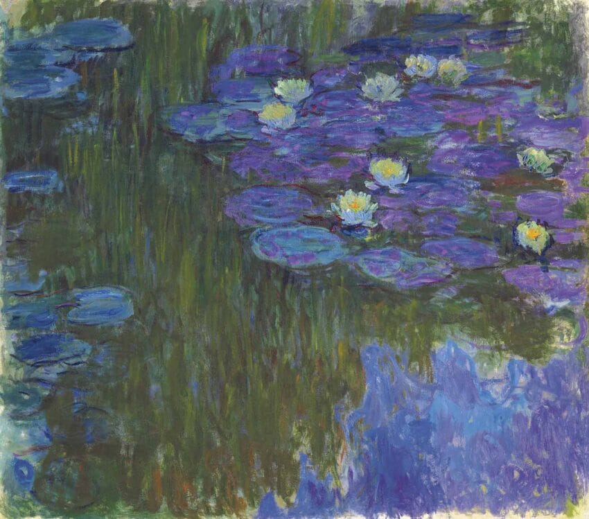 Impressionist painting of a pond with purple water lilies and reflections, inspired by Monet's style.