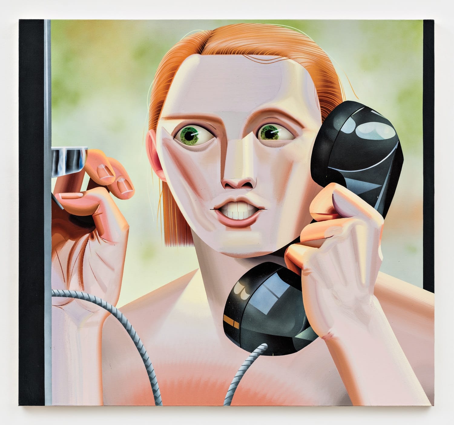 Painting of a person with short hair speaking on a phone with a surprised expression against a blurred background.