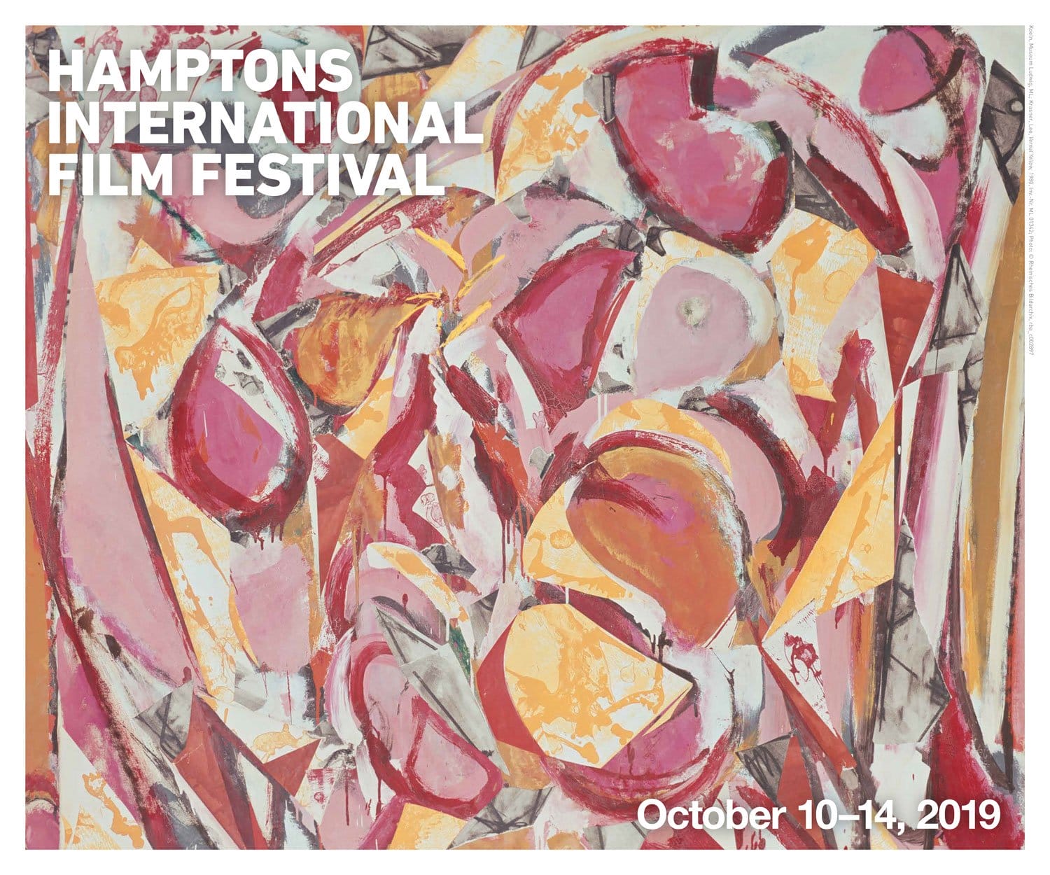 Abstract art poster for Hamptons International Film Festival, October 10-14, 2019, featuring vibrant pink and orange shapes.