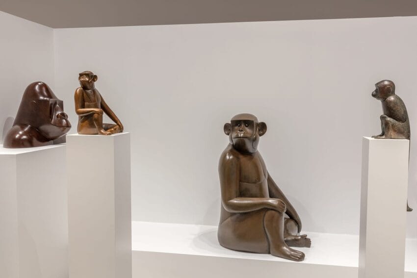 Bronze sculptures of seated monkey figures displayed on white pedestals in an art gallery setting.