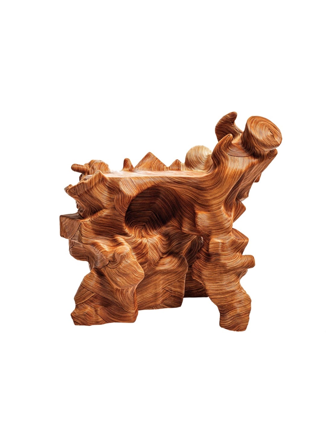 Sculptural wooden chair with intricate, swirling design and unique, abstract shapes.