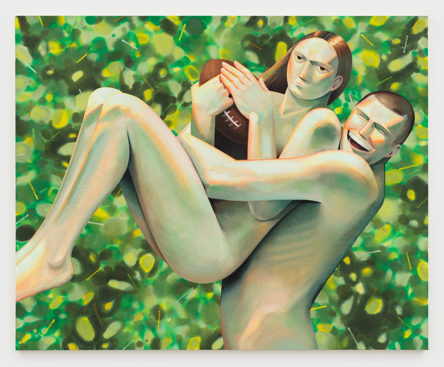 Surreal painting of a smiling person carrying another person holding a football, with a green abstract background.