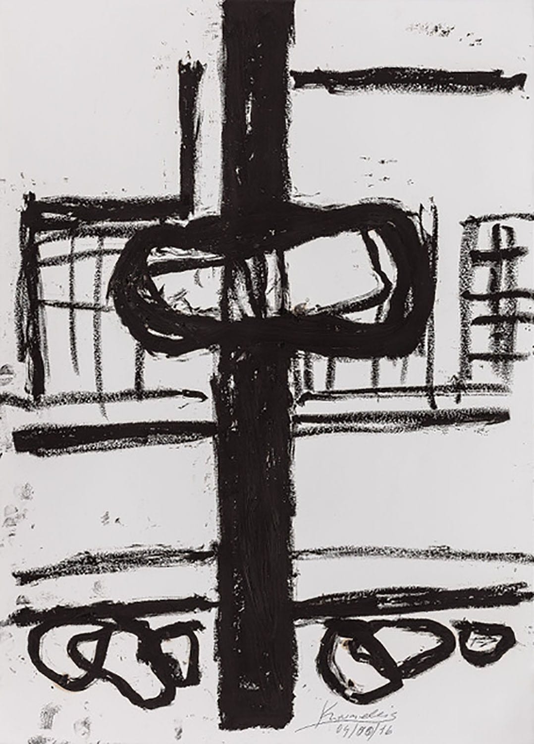 Abstract black and white painting with bold brushstrokes and geometric shapes by Eduard Kraehenbuehl.