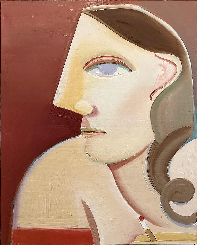 Abstract painting of a woman's side profile with stylized facial features, a pencil, and a red-brown background.