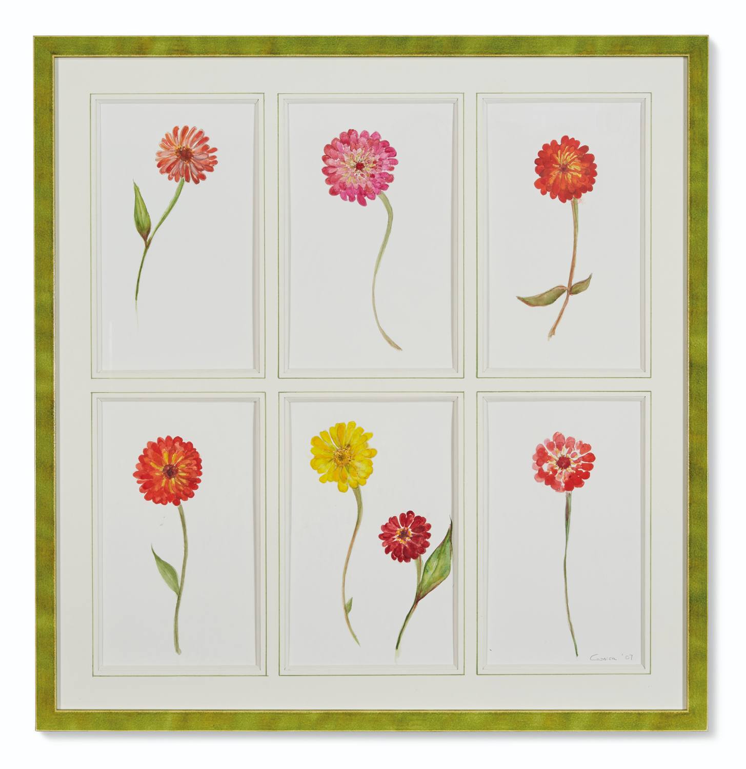 Grid of six watercolor flowers, each with unique colors and leaves, framed with a green border.