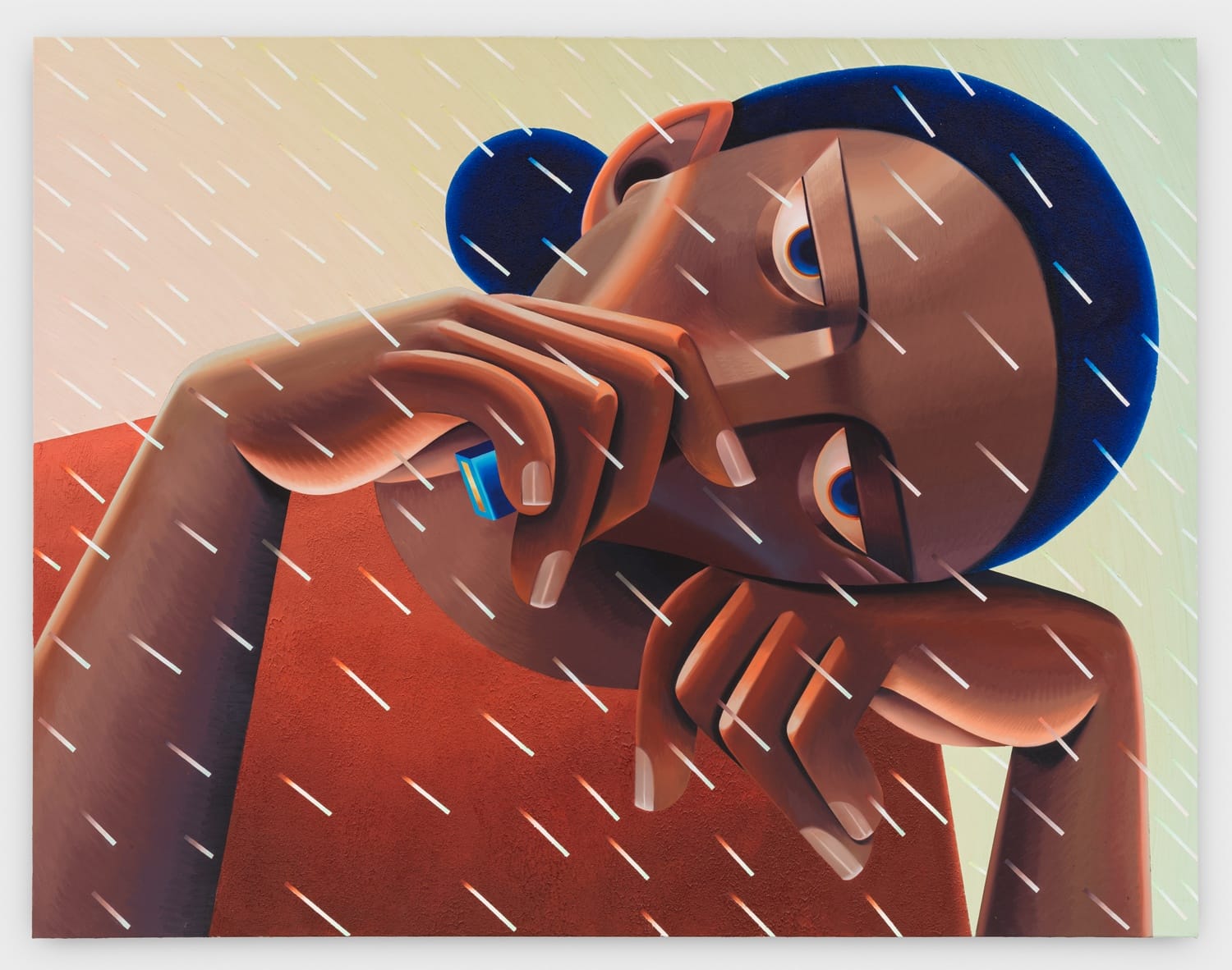 Abstract painting of a person under rain, resting head on hand, with a thoughtful expression and bold colors.