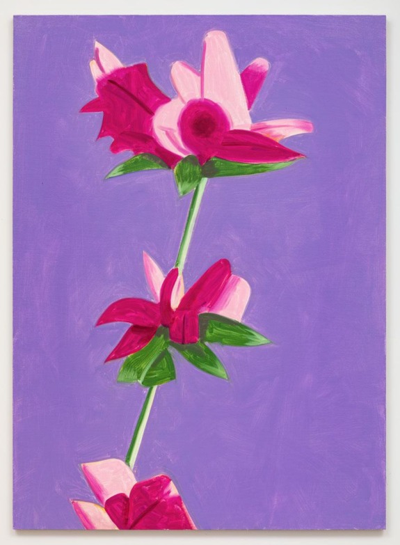 Colorful abstract flowers on a violet background with vivid pink petals and green leaves.