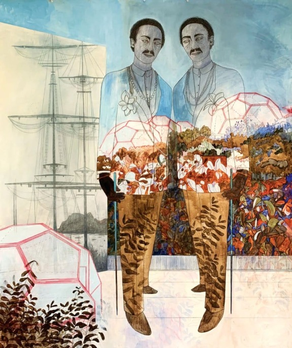 Two distinguished men with mustaches, colorful floral attire, and canes, stand with a ship's outline and leaves in the background.