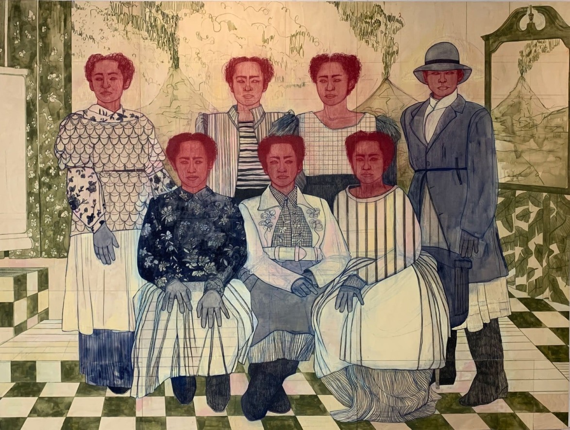 A group of seven people in vintage attire, seated and standing, with a detailed patterned backdrop and checkered floor.