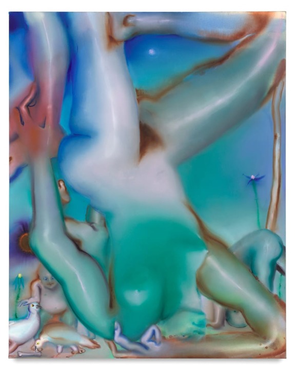 Abstract painting of a person in an upside-down pose with various animals and vibrant colors in the background.