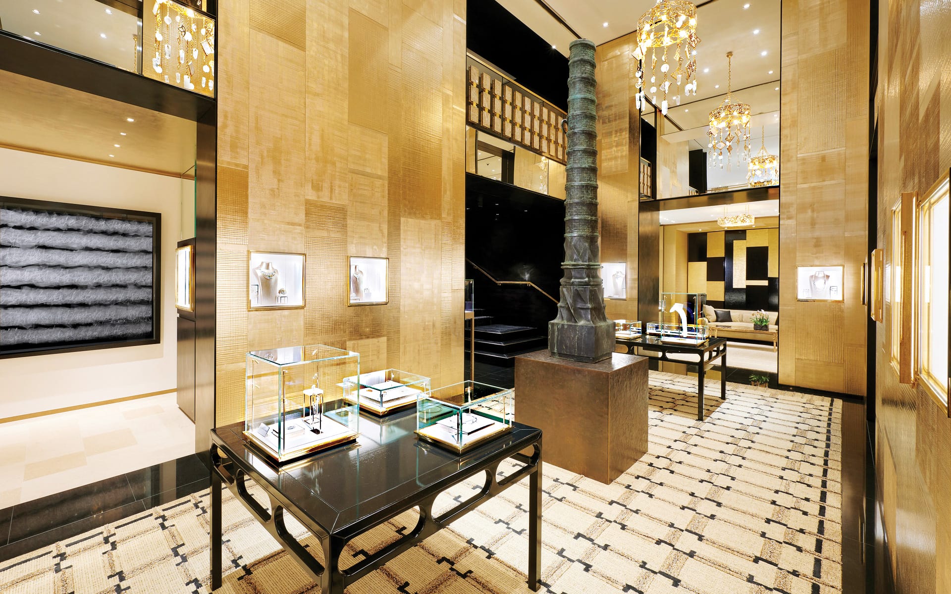 Luxurious jewelry store interior with elegant displays, ornate chandeliers, and a sophisticated atmosphere.