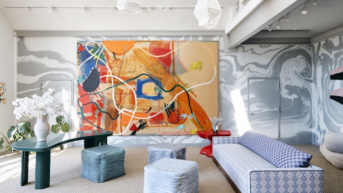 Modern living room with abstract art, patterned furniture, and contemporary decor elements.