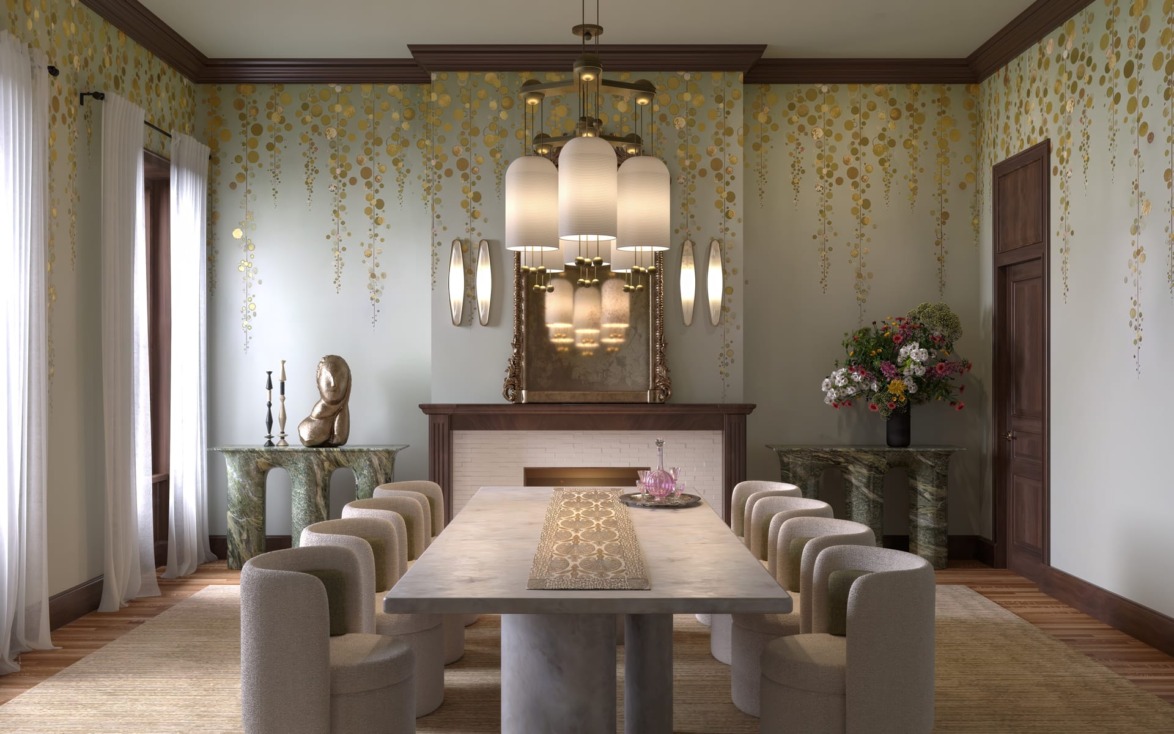 Elegant dining room with a long marble table, modern chairs, decorative wallpaper, and a stylish chandelier.