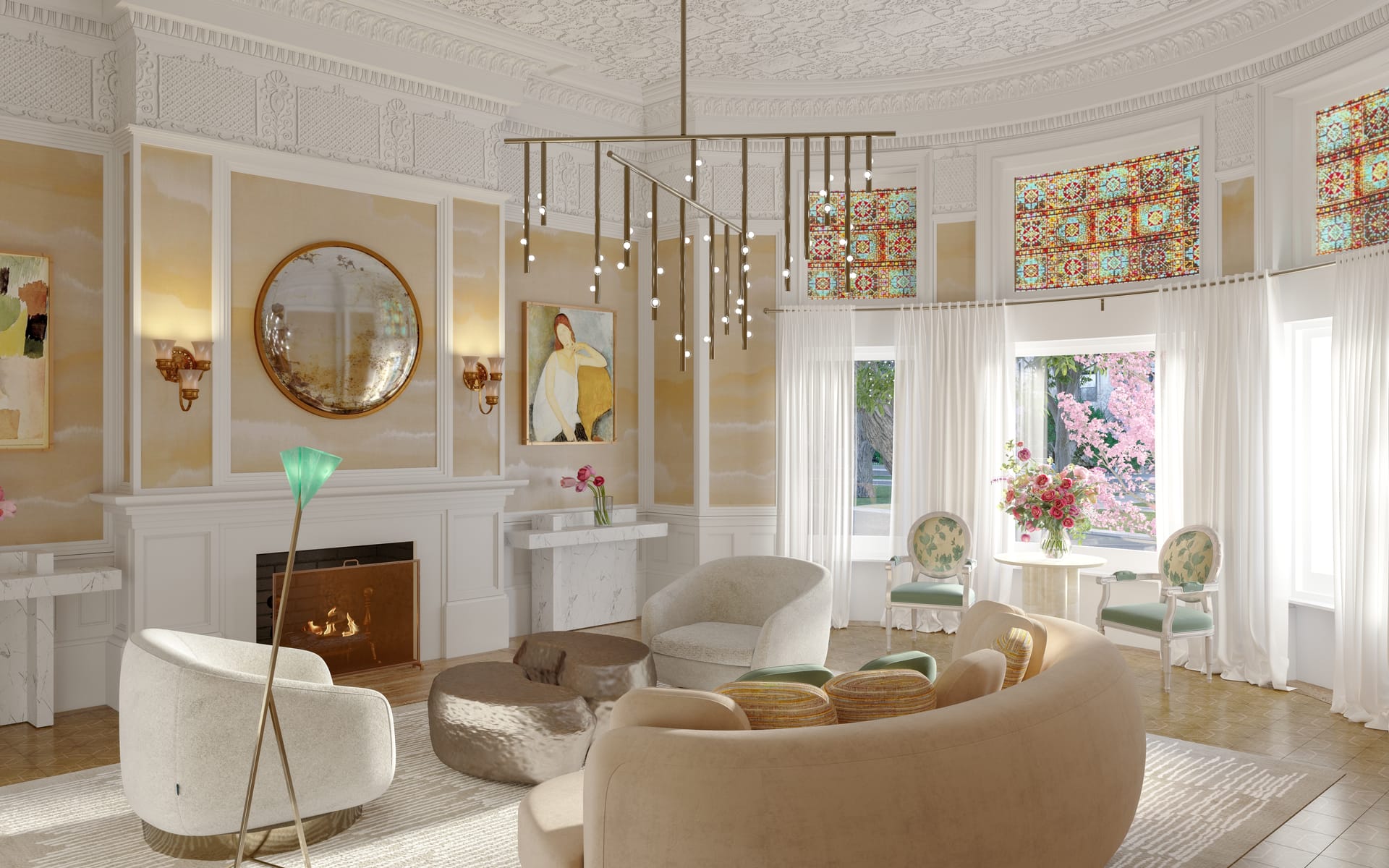 Elegant living room with stylish furniture, chandelier, fireplace, and large windows with stained glass detail.