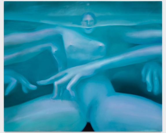 Abstract painting of a blue-toned figure with multiple arms, creating a surreal underwater effect.
