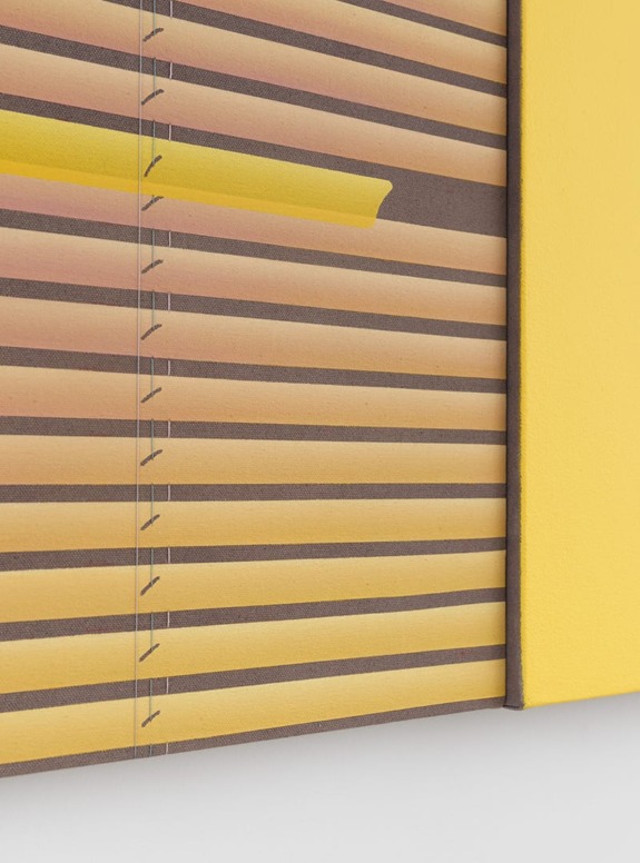 Abstract artwork with horizontal brown and yellow stripes and geometric shapes, featuring a prominent vertical yellow line.