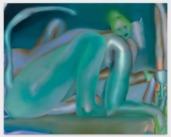 Abstract painting with human-like figures and ethereal colors, depicting a surreal, dreamlike scene with fluid forms.