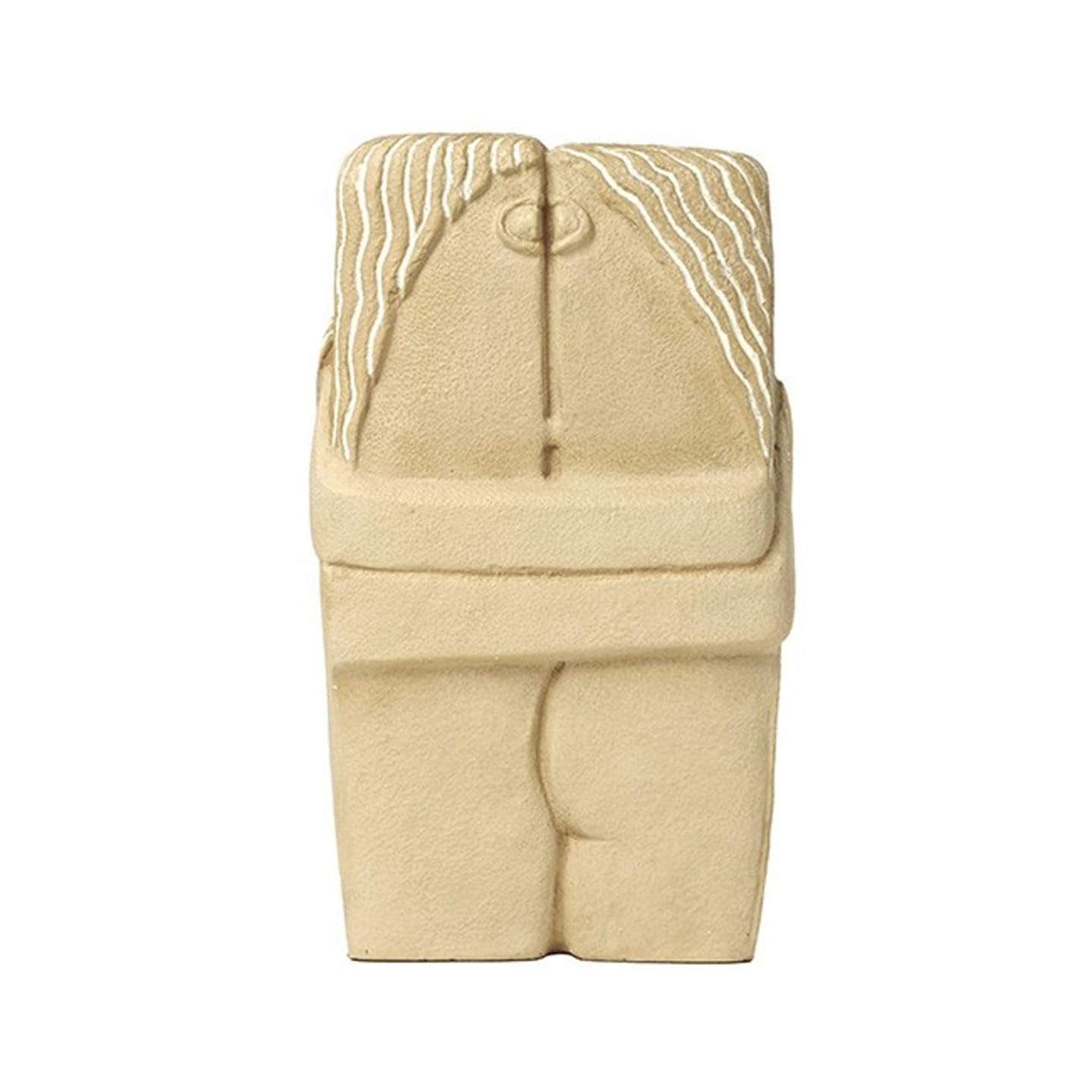 Stylized beige sculpture of a headless human figure with braided hair on top, viewed from behind.
