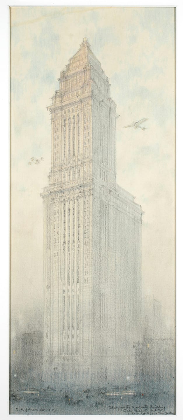 Illustration of a tall architectural skyscraper with detailed façade and small airplanes flying in the sky above it.