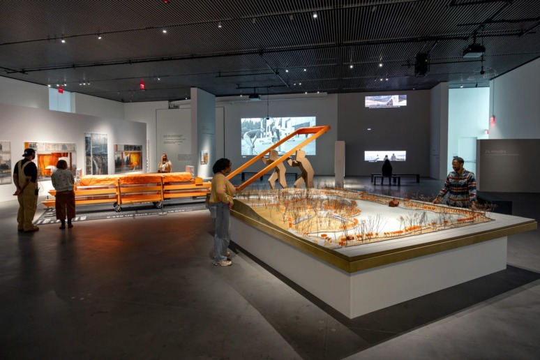 Partial view of the exhibition “Christo and Jeanne-Claude: The Gates and Unrealized Projects for New York City” at The Shed New York City, 2025.