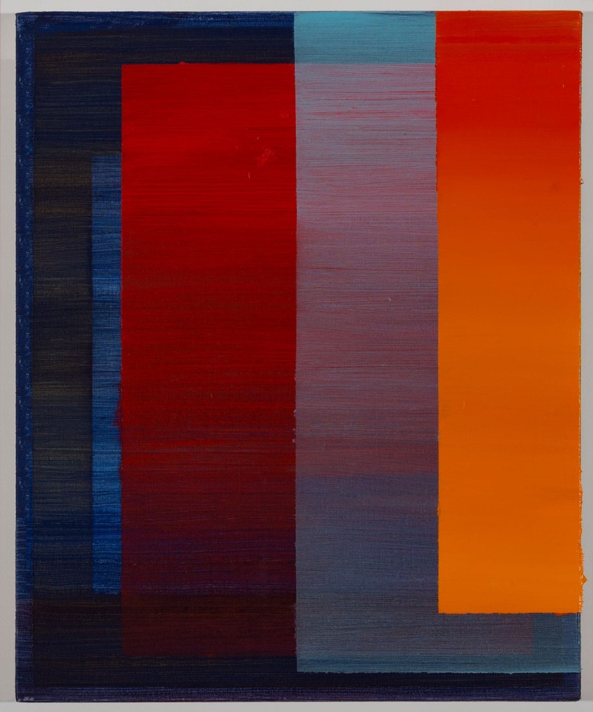 Abstract painting with overlapping vertical rectangles in shades of red, orange, blue, and purple.
