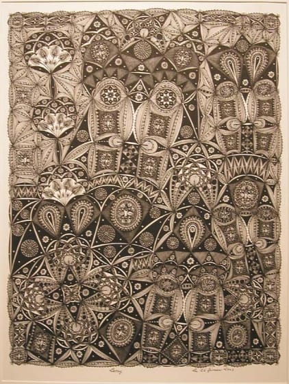 Intricate black and white abstract drawing with geometric patterns and floral motifs.