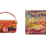 Colorful handbag with abstract swirling patterns next to a vibrant abstract painting with similar bold, mixed colors.