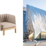 Tan, cushioned armchair with wooden legs next to a modern building with a unique, angular design.