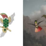 Colorful hummingbird jewelry piece and painting of two hummingbirds perched on branches with a mountainous background.