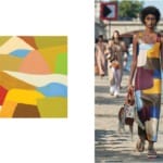 Colorful abstract art on left; model wearing a geometric print dress walking down a riverside runway on right.
