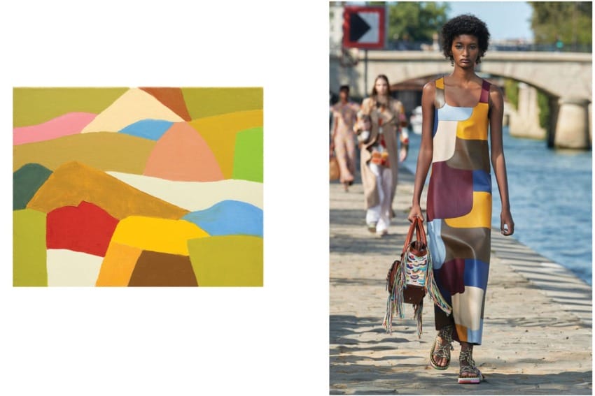 Colorful abstract art on left; model wearing a geometric print dress walking down a riverside runway on right.