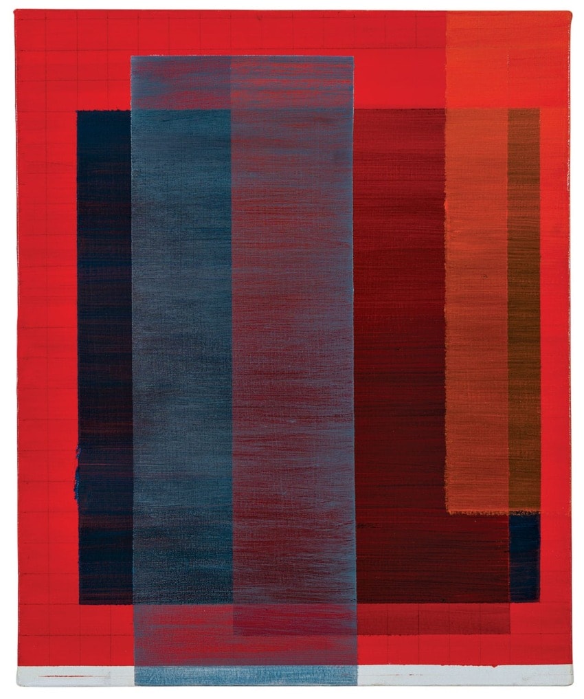 Abstract art with overlapping vertical rectangles in shades of red, blue, and orange on a grid-patterned background.