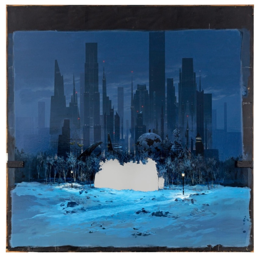 Futuristic city skyline at night with a snowy landscape in the foreground and a single streetlight illuminating the scene.