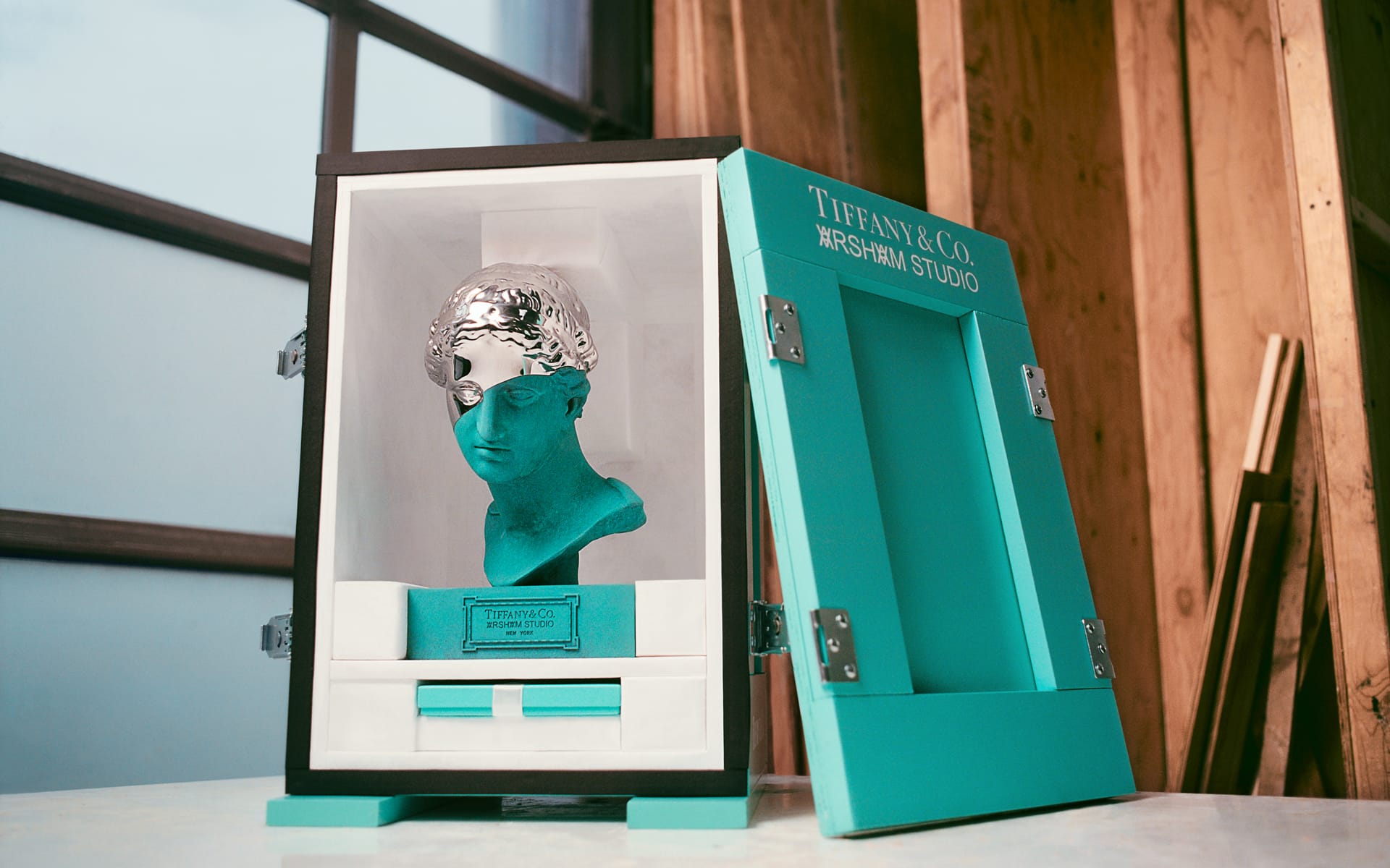 Tiffany & Co. collaboration with Arsham Studio, featuring a blue bust in a decorative box.
