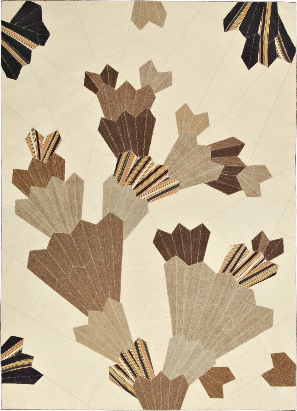 Abstract artwork with geometric shapes and patterns in shades of brown and beige on a textured background.