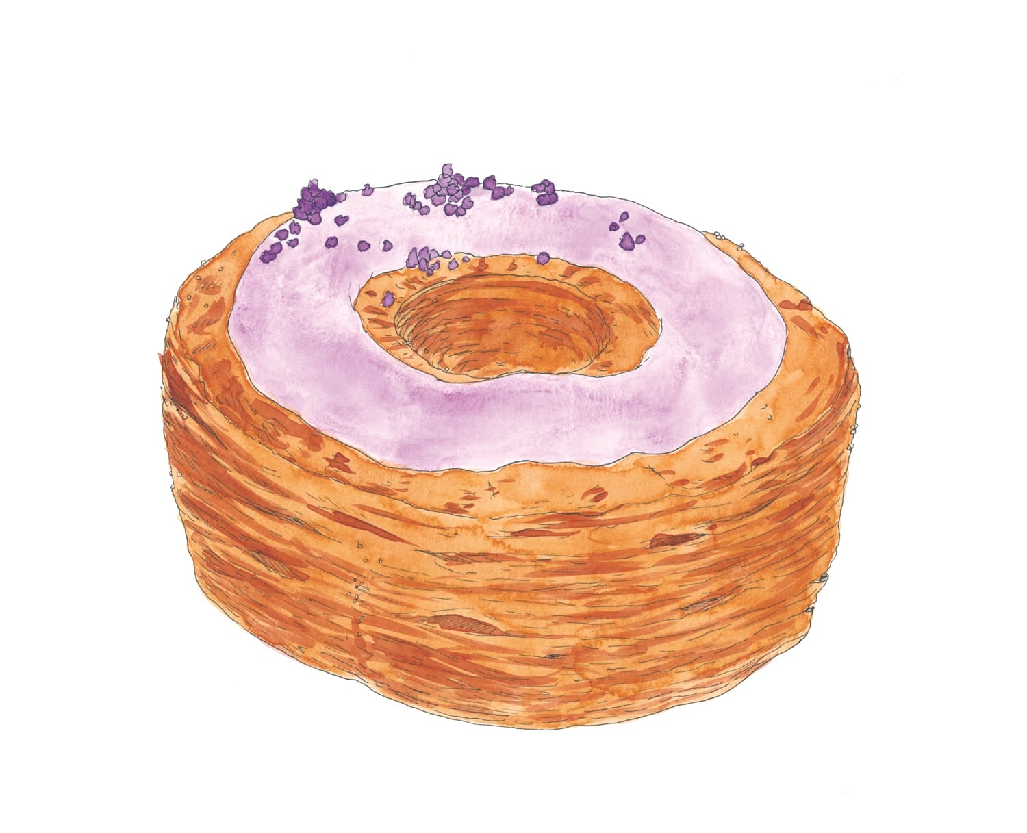 Pastry with flaky layers and a purple icing glaze topped with sprinkles, resembling a hybrid between a croissant and a donut.