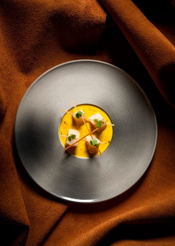 Gourmet dish on a dark plate with garnished bites and creamy sauce, set on a rich brown textured fabric background.