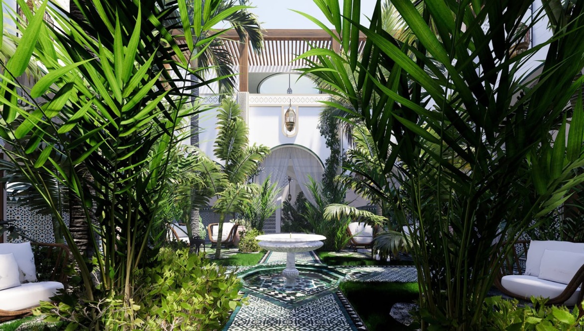 Lush tropical courtyard with a central mosaic fountain and ornate architectural elements surrounded by vibrant greenery.
