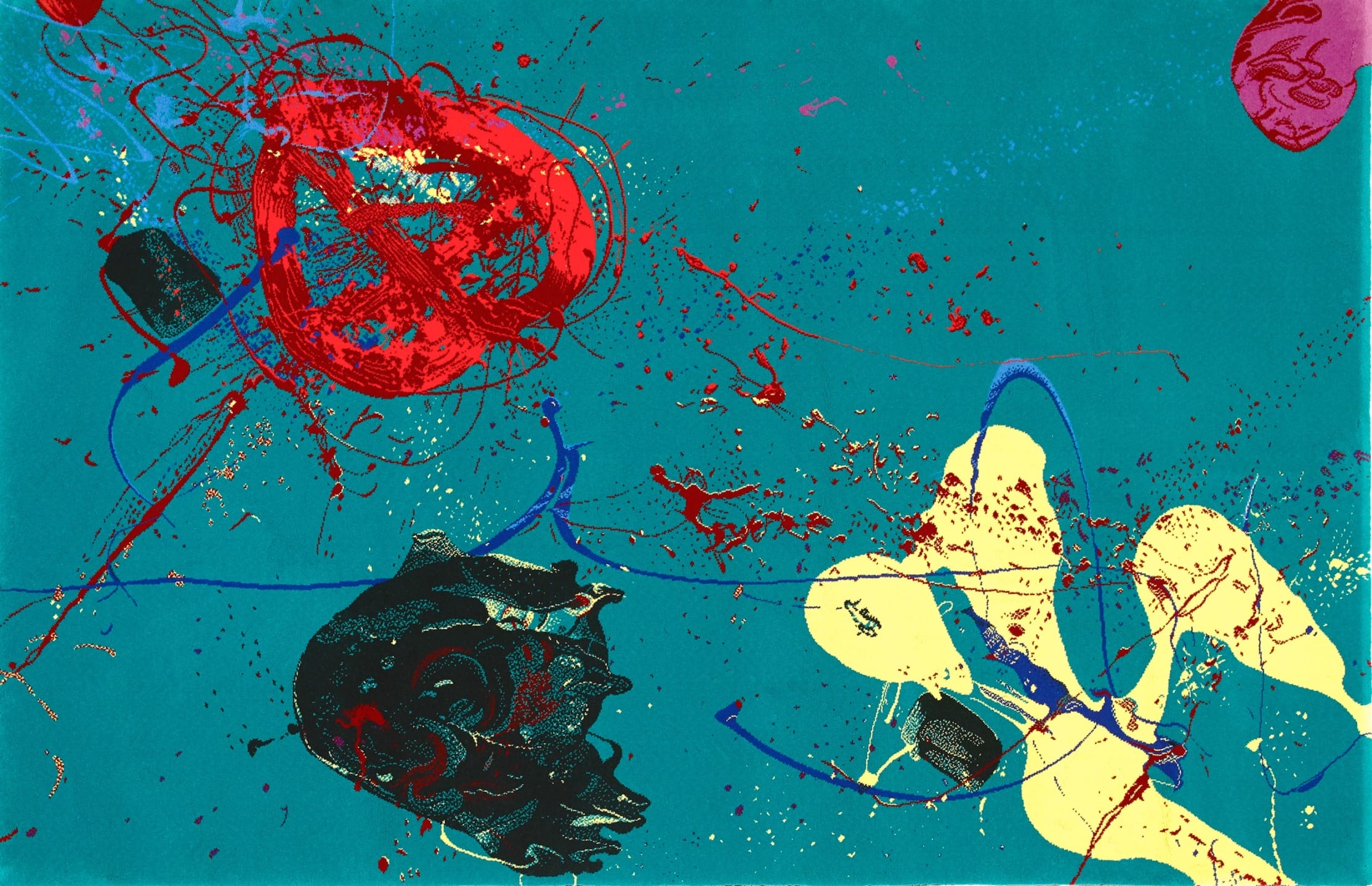 Abstract painting with teal background, featuring red, yellow, blue, and black splatters and streaks.