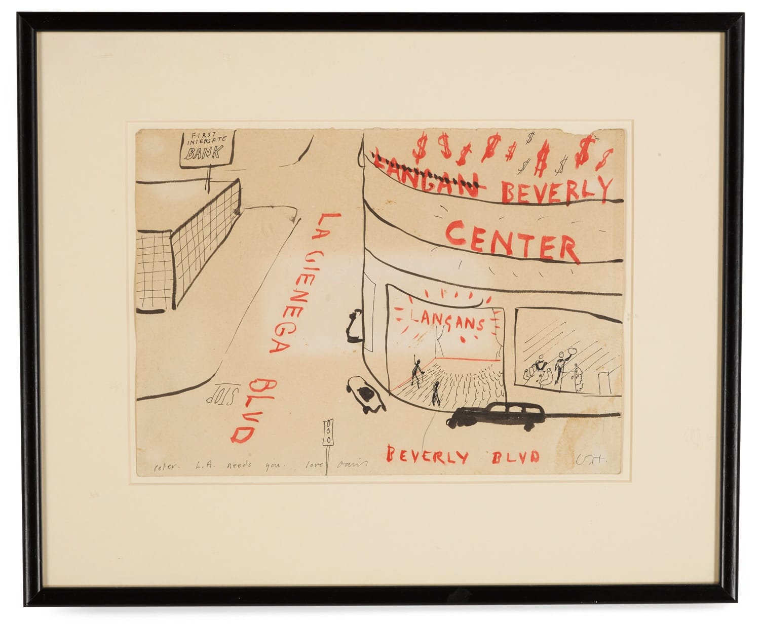 Street art depicting the Beverly Center with surrounding streets, featuring a lively, colorful interpretation of the scene.