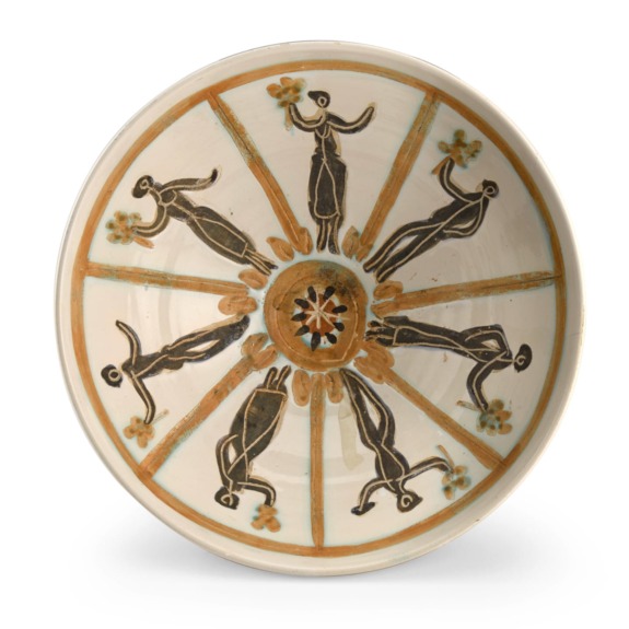 Decorative ceramic bowl with painted human figures in traditional attire, holding flowers, arranged in a circular pattern.