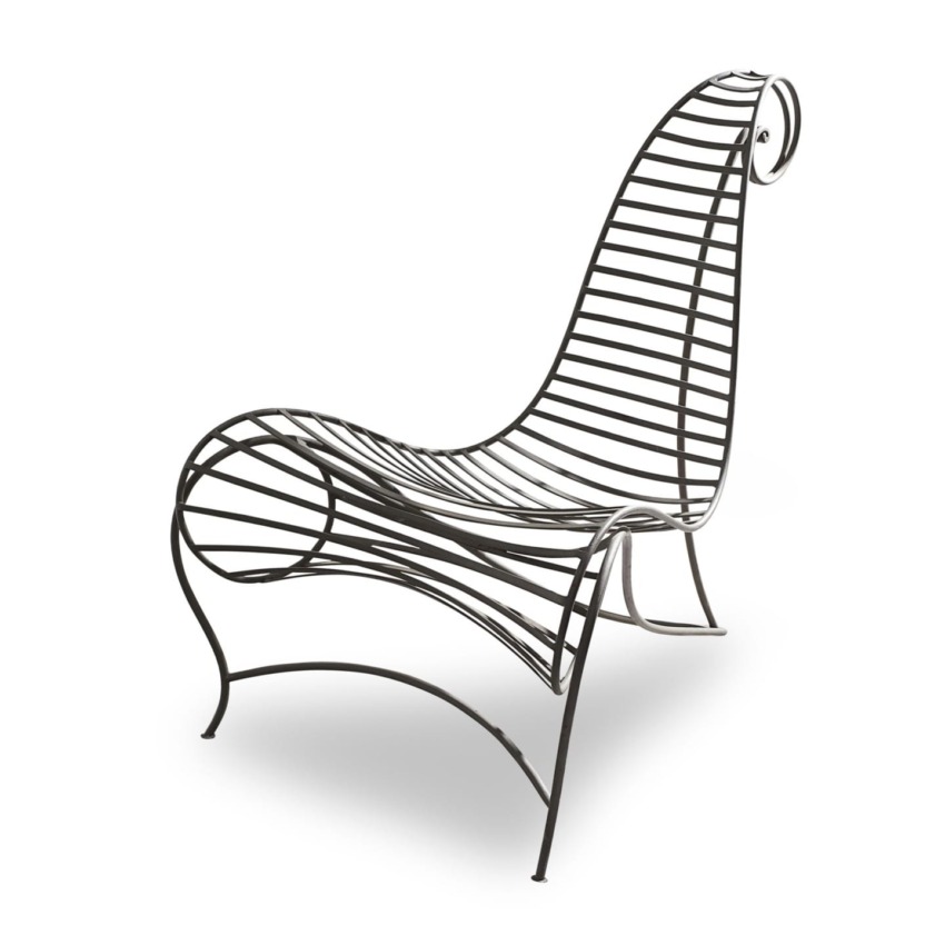 Modern metal lounge chair with a curvy, artistic design and open slats on a white background.