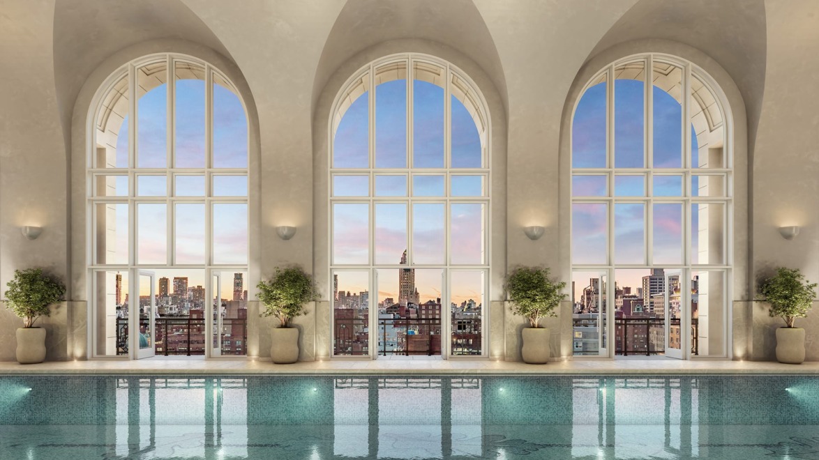 Amenities include a striking 75-foot-long pool