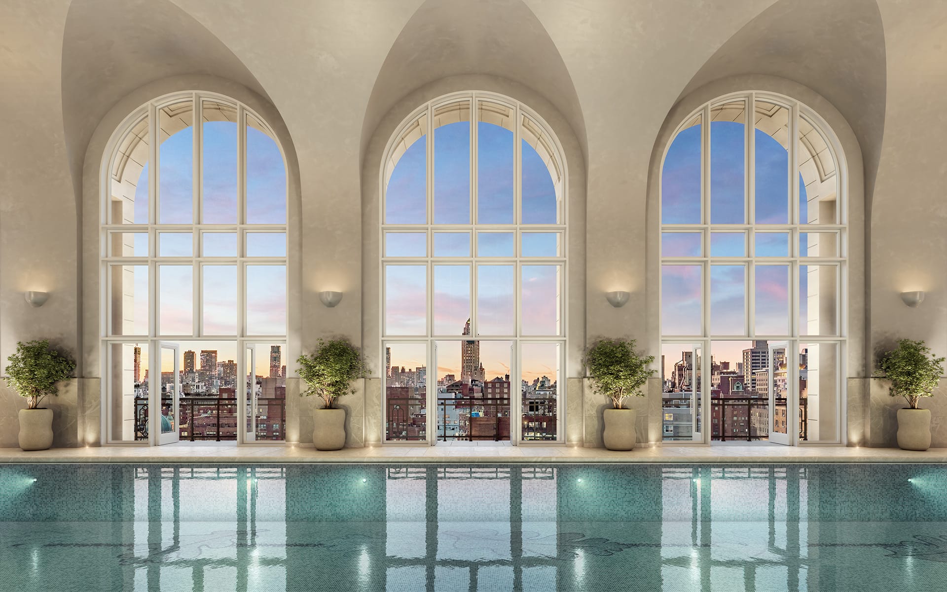 Amenities include a striking 75-foot-long pool