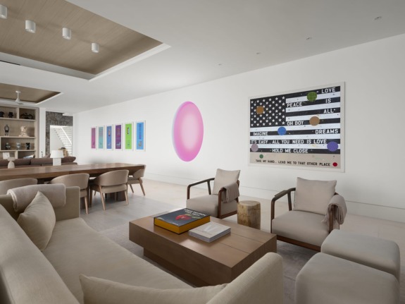 The great room in the Spice of Life villa at Sugar Beach features artworks by David Spiller, James Turrell, Otani Workshop, Julian Opie, and more.