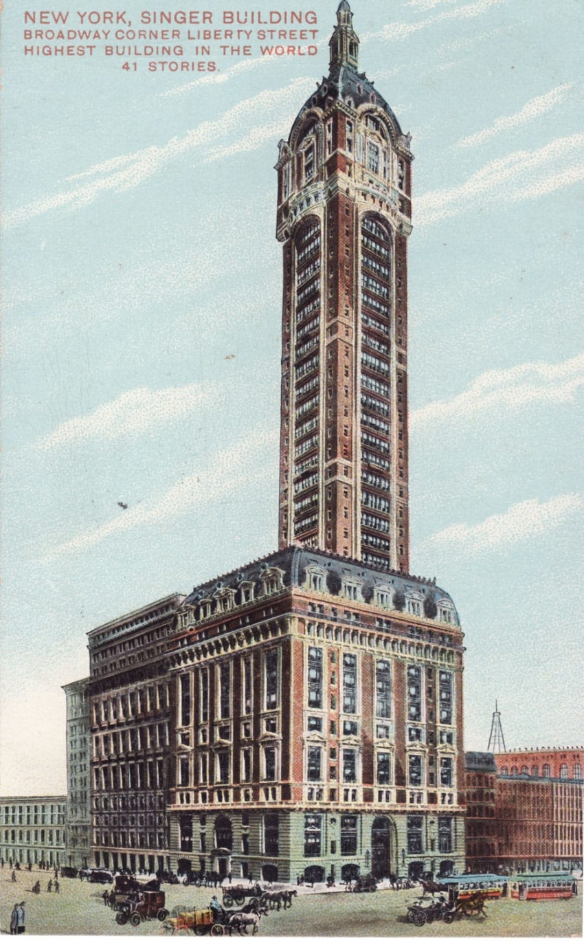 Illustration of the historic Singer Building in New York, once the tallest in the world, with early 20th-century street activity.