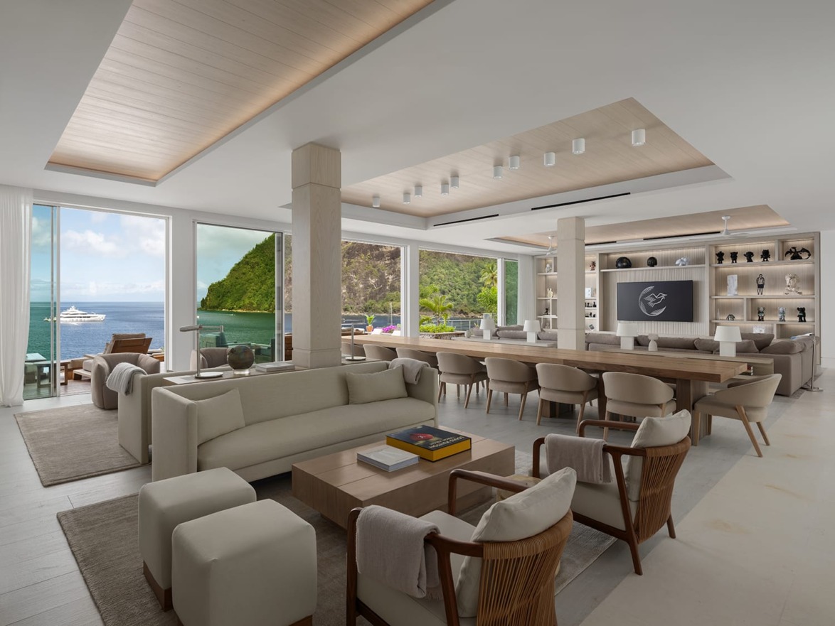 The spacious living room inside the Spice of Life villa at Sugar Beach, a Viceroy Hotel, in St. Lucia.