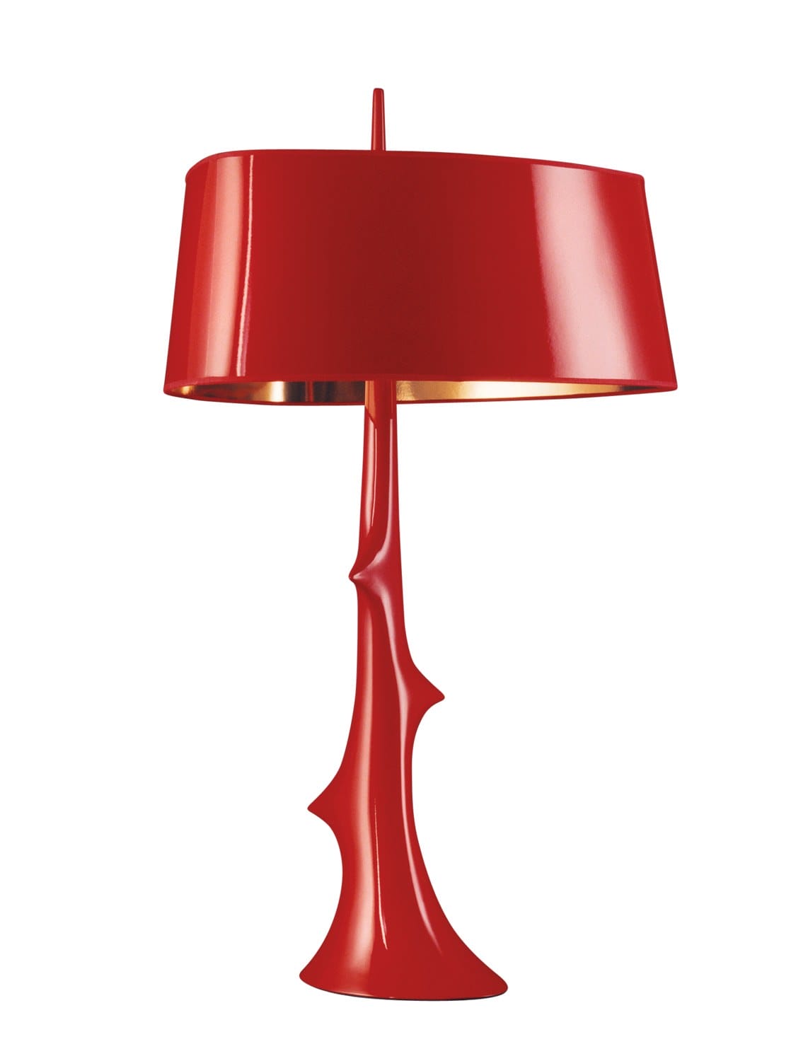 Modern red table lamp with a unique sculptural base and a glossy finish, ideal for contemporary interior decor.