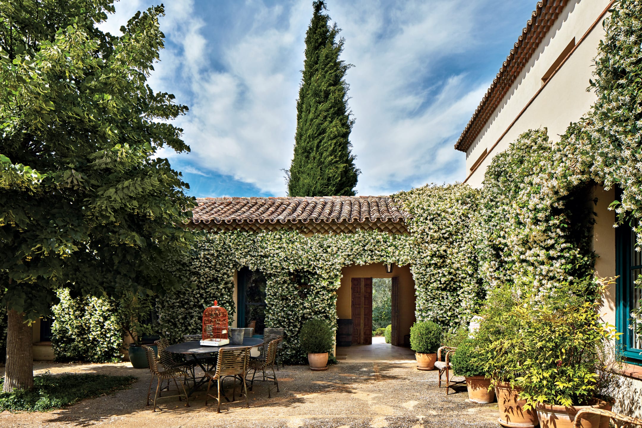 Outdoor patio with table and chairs surrounded by lush greenery and ivy-covered walls under a blue sky.