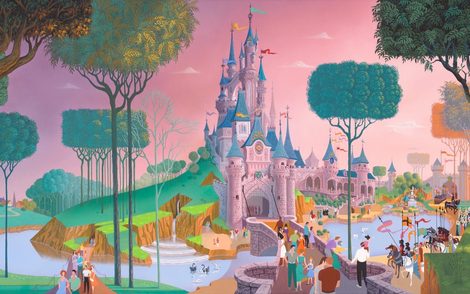 Colorful, whimsical illustration of a fairy-tale castle and lively medieval scene with people, trees, and animals.